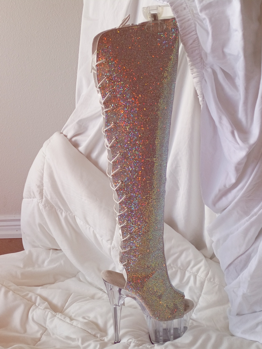 (AB-Crystal Flat Back) Lace-Up Above The Knee Platform Pleaser Boot - Iridescent